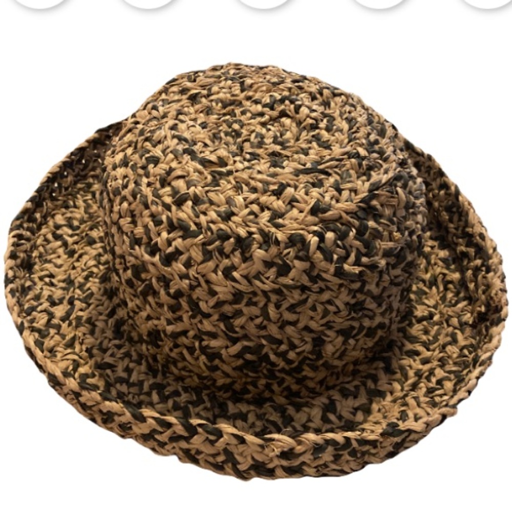 Women’s straw brown and tan woven hat bucket or York roll